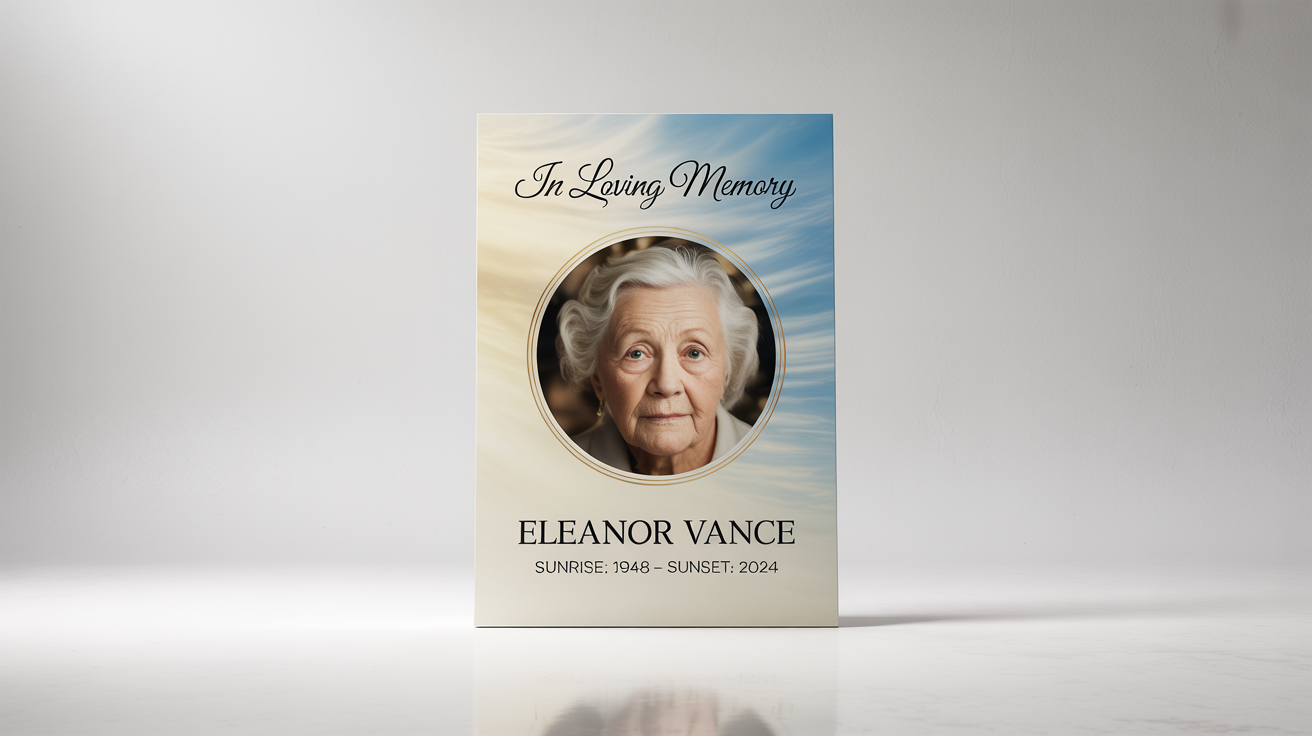 A mockup of an elegant 'In Loving Memory' poster against a white background, featuring a photo of an elderly woman and the fictional name 'Eleanor Vance'.