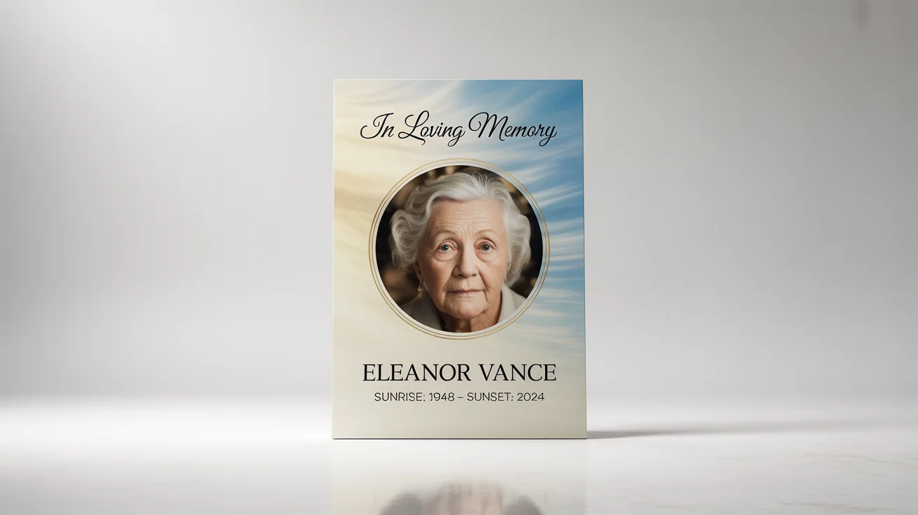 A mockup of an elegant 'In Loving Memory' poster against a white background, featuring a photo of an elderly woman and the fictional name 'Eleanor Vance'.