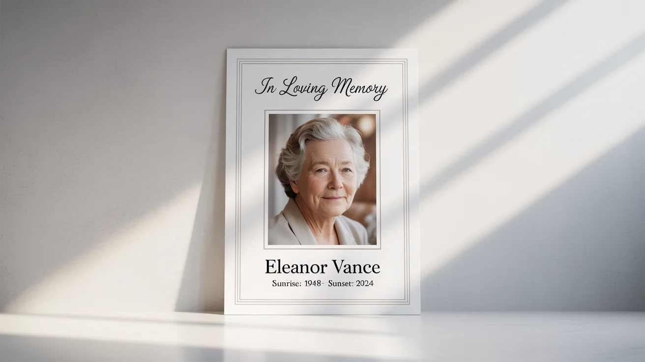 A mockup of a 'Rest in Peace' poster for 'Eleanor Vance' (1948-2024), featuring her photo and the words 'In Loving Memory' on a light gray background, displayed against a white wall.