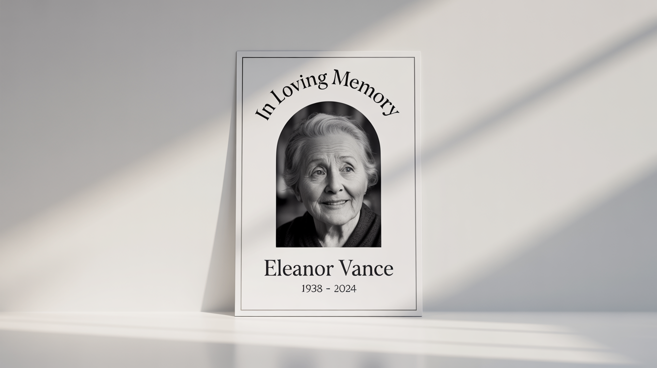 A mockup of a classic and respectful Rest in Peace poster for 'Eleanor Vance', featuring her black and white portrait, name, and life dates, set against a plain white background.
