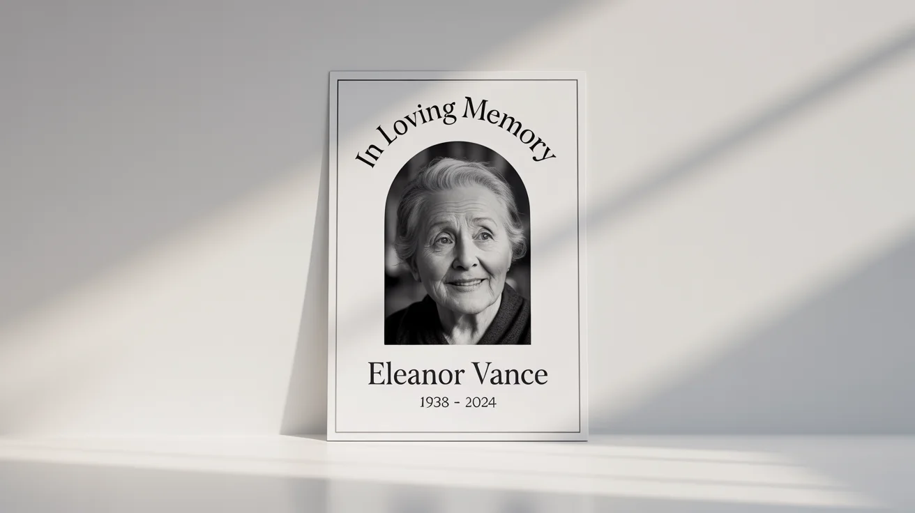 A mockup of a classic and respectful Rest in Peace poster for 'Eleanor Vance', featuring her black and white portrait, name, and life dates, set against a plain white background.