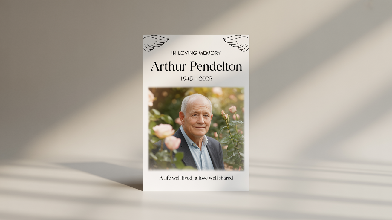 A mockup of a 'Rest in Peace' poster for 'Arthur Pendelton', featuring his photo and memorial dates against a clean white background, conveying a sense of peace and remembrance.