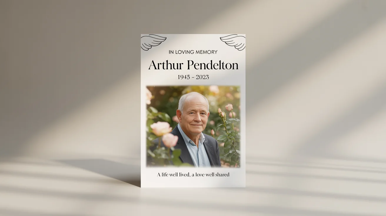 A mockup of a 'Rest in Peace' poster for 'Arthur Pendelton', featuring his photo and memorial dates against a clean white background, conveying a sense of peace and remembrance.