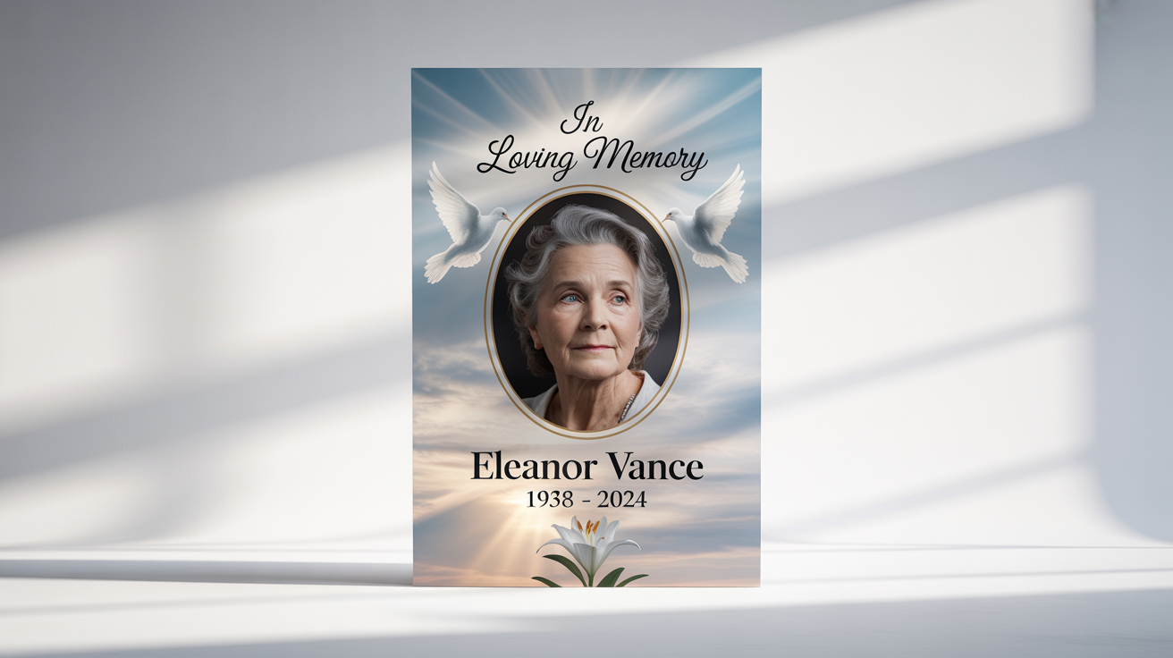 A mockup of a commemorative 'Rest in Peace' poster against a white background. The poster features a photo of an elderly woman, with the text 'In Loving Memory', 'Eleanor Vance', and dates '1938 - 2024'.
