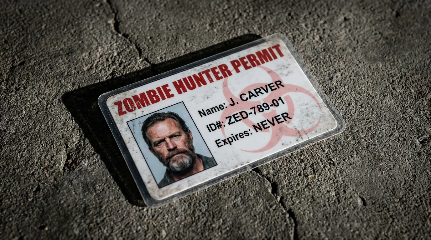 A novelty 'Zombie Hunter Permit' ID card, shown lying on a dark, textured surface in a realistic product photograph.