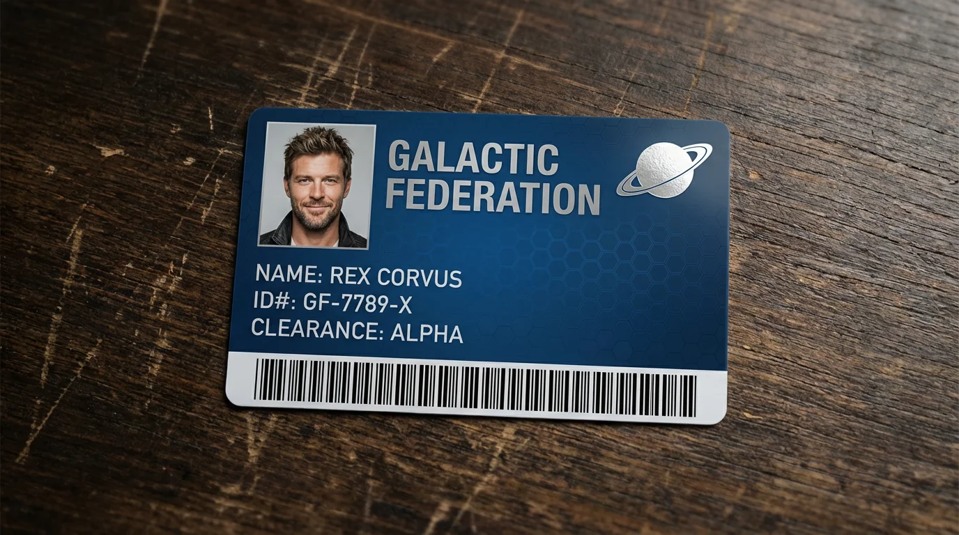 A novelty Galactic Federation agent ID card for Rex Corvus, shown lying on a dark wooden table.