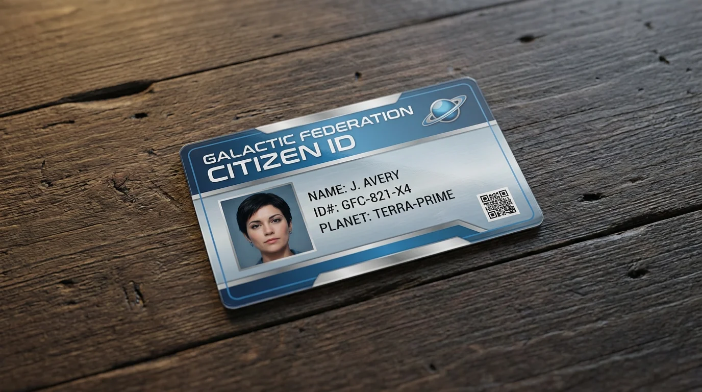 A novelty ID card for a fictional 'Galactic Federation' with a photo of a woman and futuristic details, photographed lying on a dark wooden table.