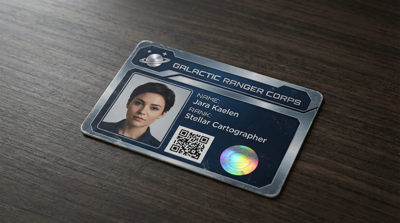 A novelty Galactic Ranger Corps ID card for a stellar cartographer, photographed on a dark wooden desk.