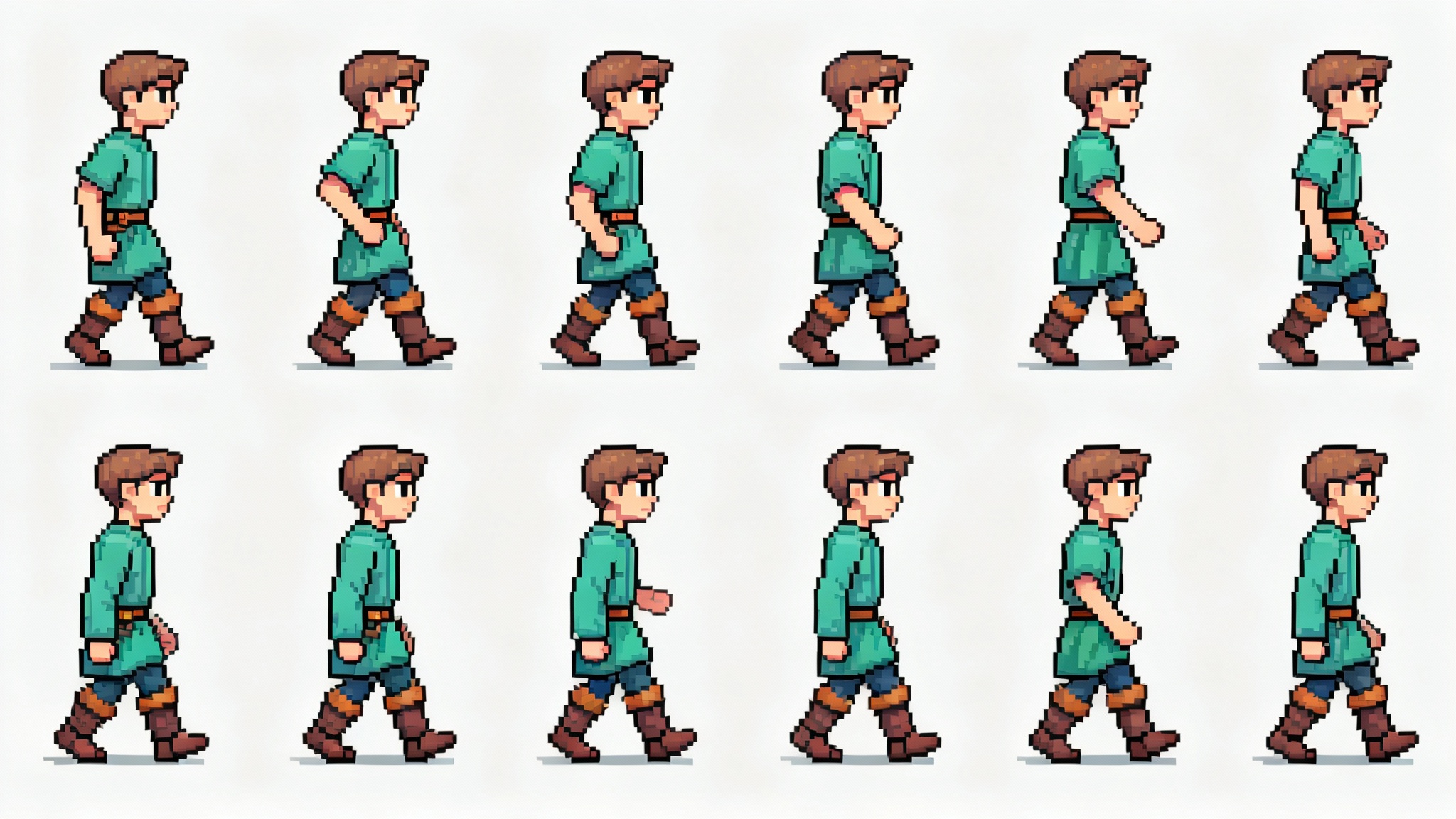 A finished pixel art sprite sheet showing a game character's 8-frame walk cycle from four directions: up, down, left, and right. The character, a hero in a green tunic, is arranged in a grid, ready for use in a video game.