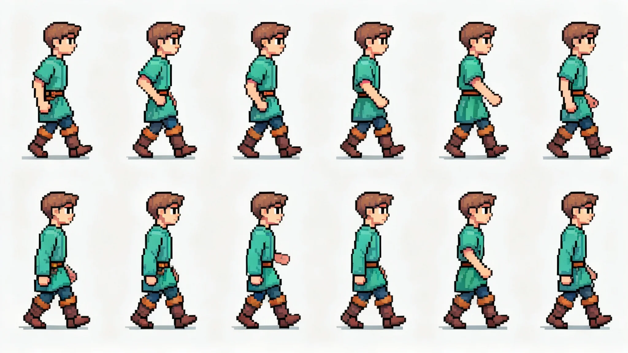 A finished pixel art sprite sheet showing a game character's 8-frame walk cycle from four directions: up, down, left, and right. The character, a hero in a green tunic, is arranged in a grid, ready for use in a video game.