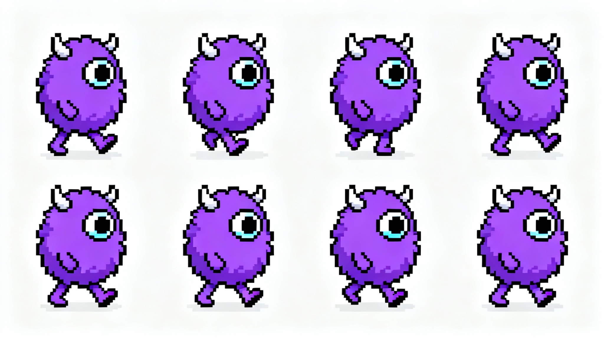 A pixel art sprite sheet showing an 8-frame walk cycle for a small, purple, one-eyed monster, designed for a video game.