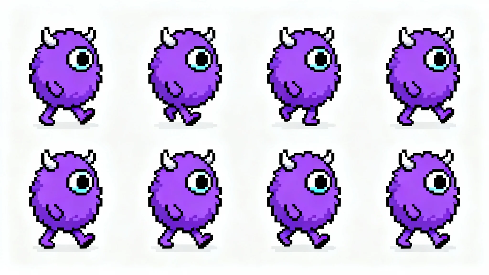 A pixel art sprite sheet showing an 8-frame walk cycle for a small, purple, one-eyed monster, designed for a video game.