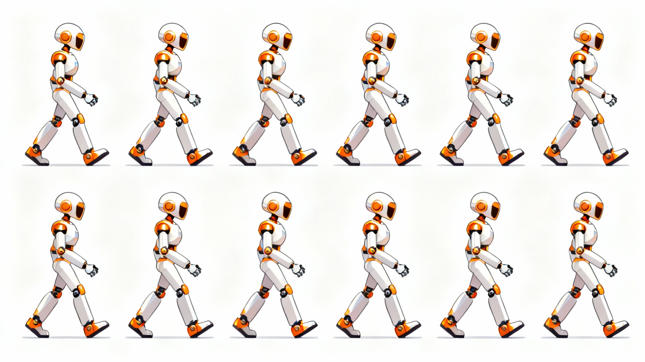 A sprite sheet showing an 8-frame walk cycle of a cartoon robot in a grid format, presented as a professional game asset on a white background.