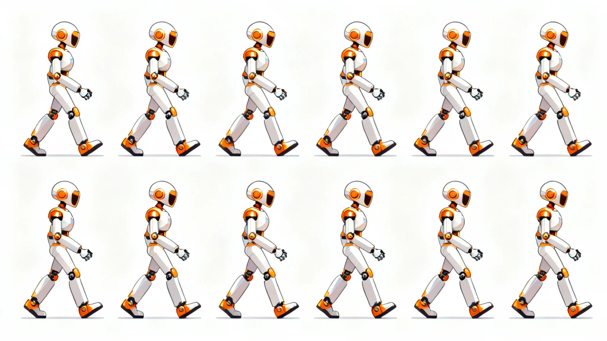 A sprite sheet showing an 8-frame walk cycle of a cartoon robot in a grid format, presented as a professional game asset on a white background.
