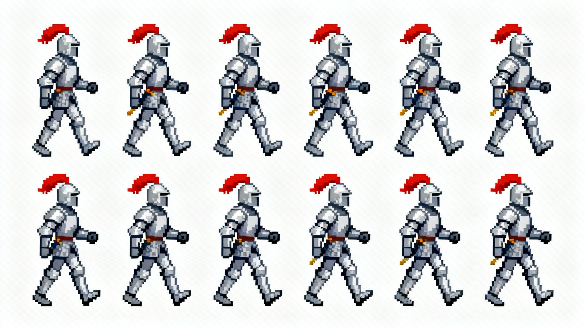 A 16-bit pixel art sprite sheet showing an 8-frame walk cycle for a knight in armor, arranged in a grid on a white background.
