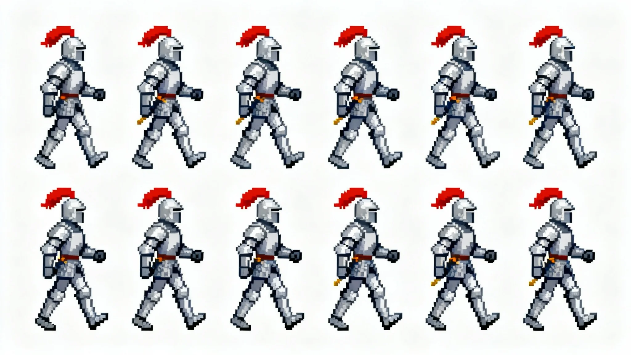 A 16-bit pixel art sprite sheet showing an 8-frame walk cycle for a knight in armor, arranged in a grid on a white background.