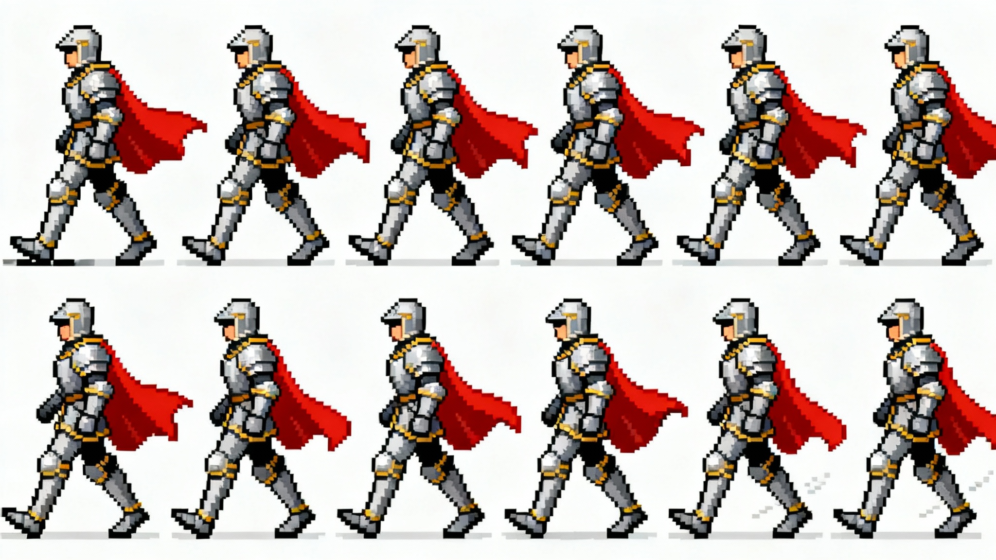 A pixel art sprite sheet showing an 8-frame walk cycle animation of a knight in armor on a white background.