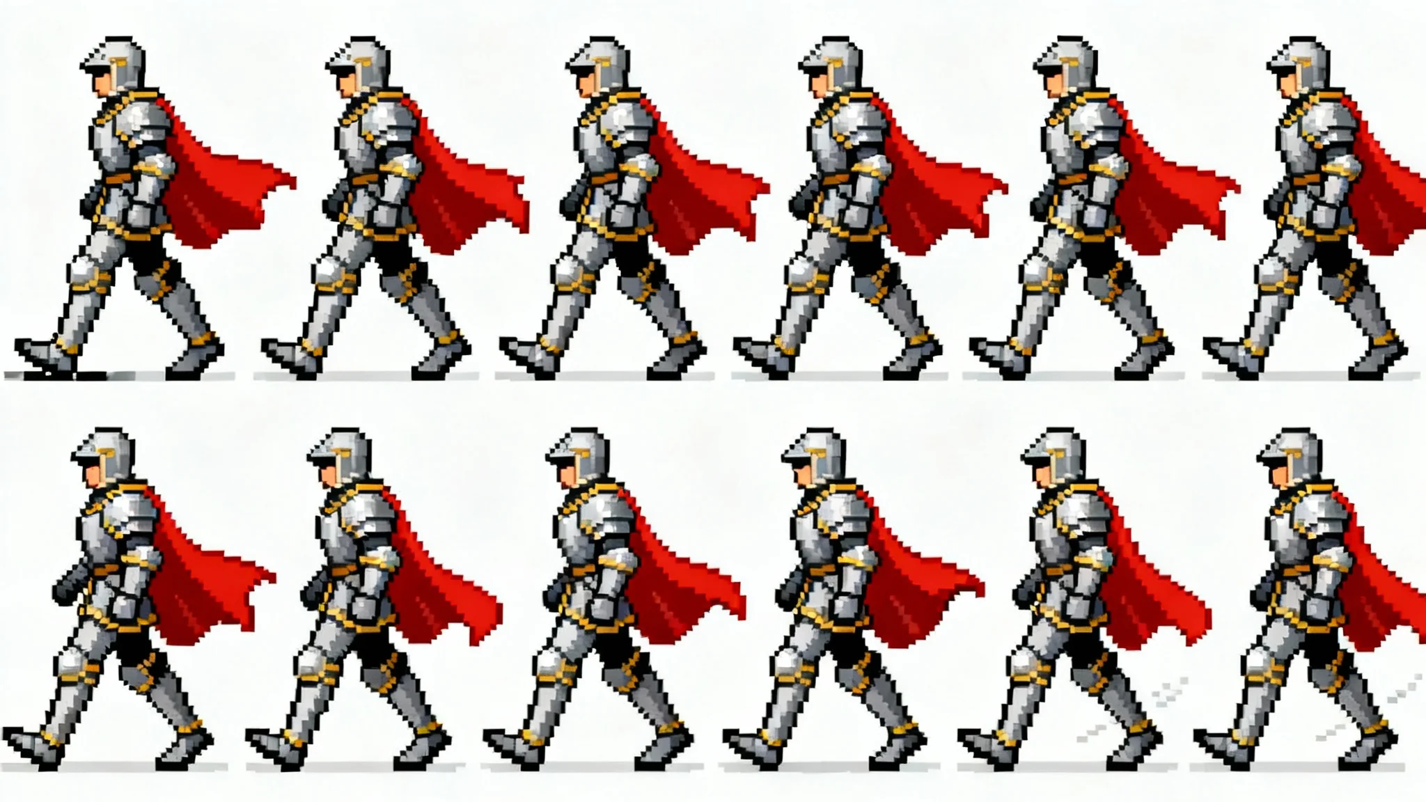 A pixel art sprite sheet showing an 8-frame walk cycle animation of a knight in armor on a white background.