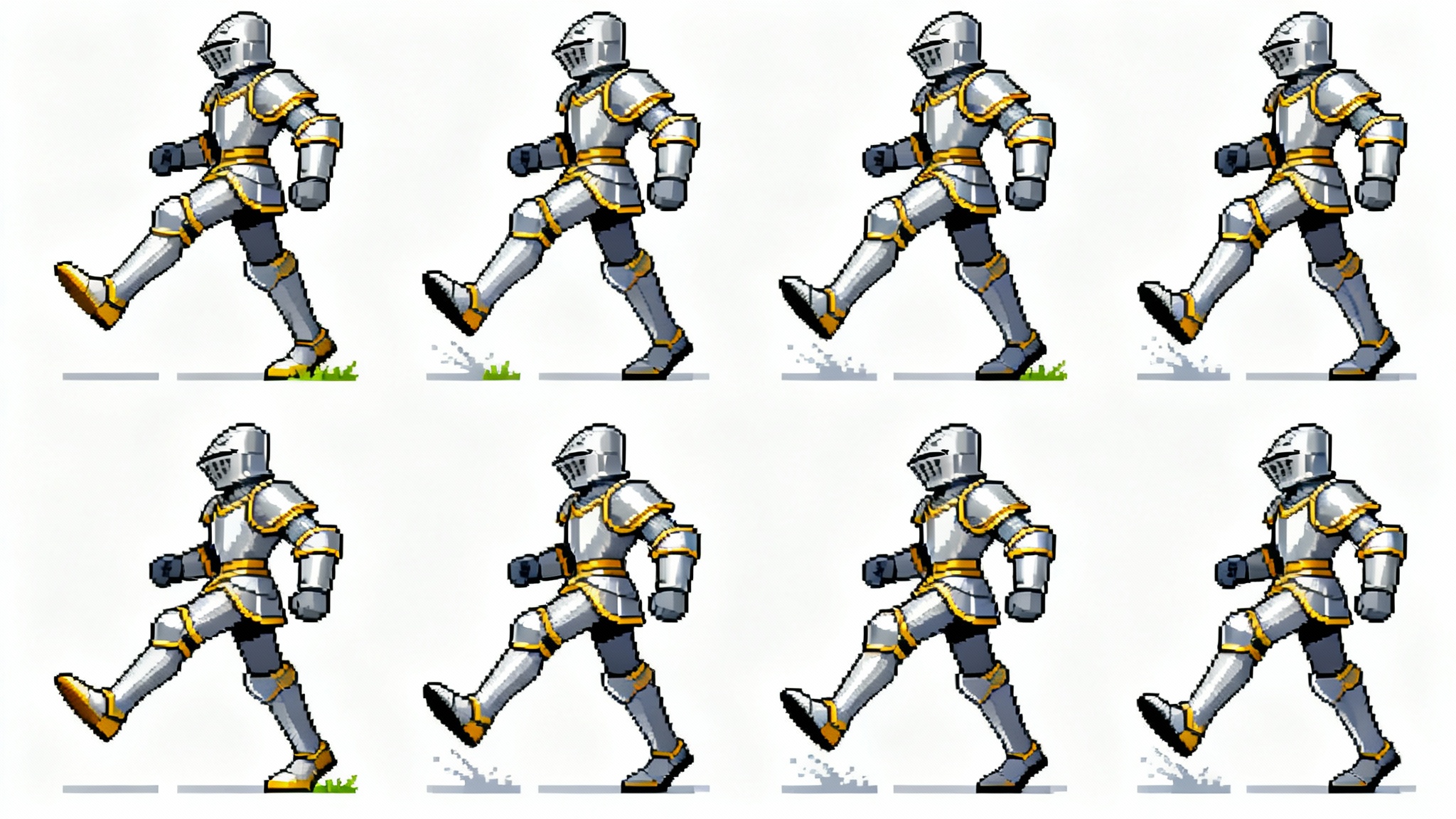 A walk cycle sprite sheet of a fantasy knight in silver armor, showing 8 frames of a walking animation arranged in a grid on a white background.