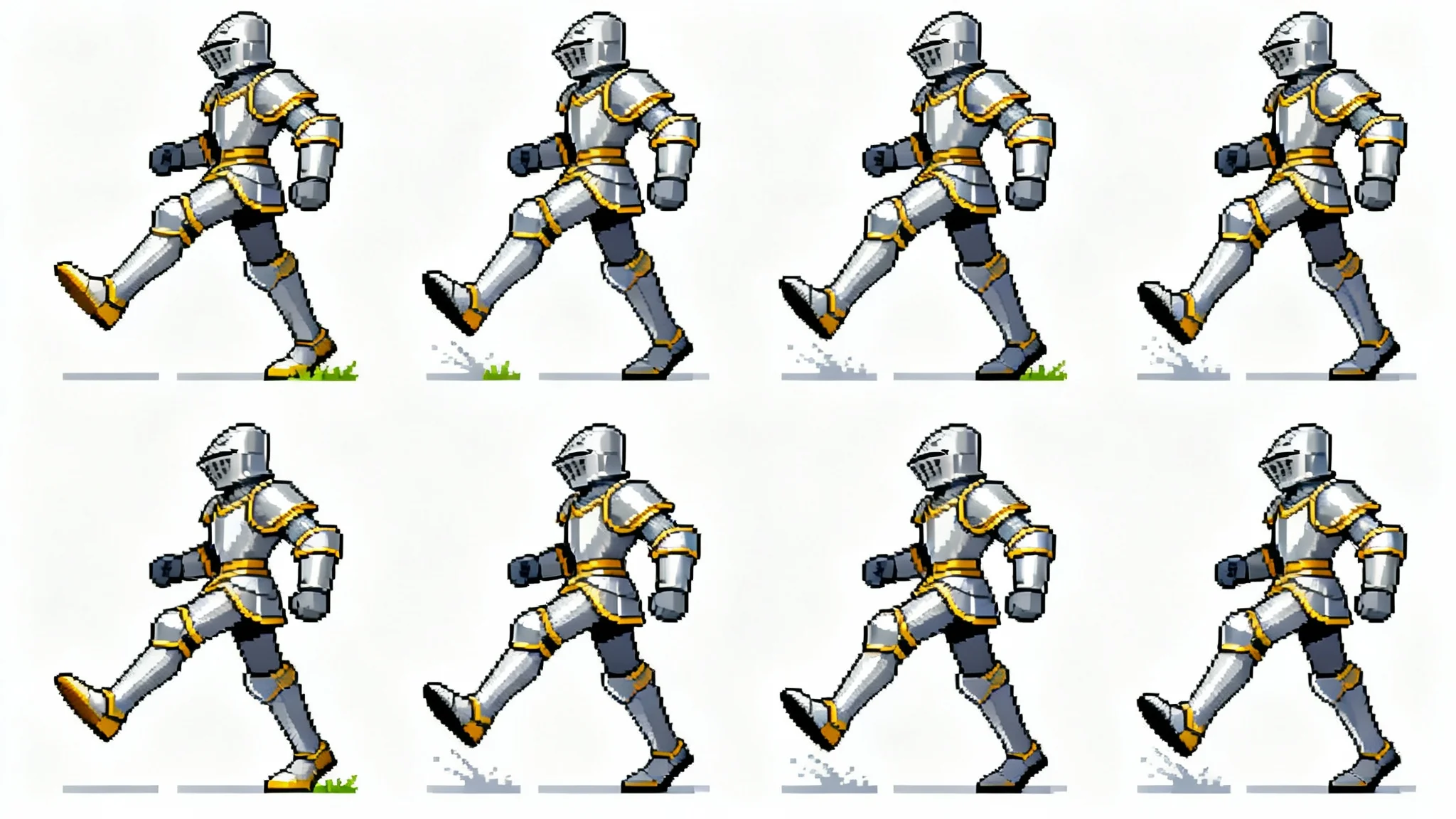 A walk cycle sprite sheet of a fantasy knight in silver armor, showing 8 frames of a walking animation arranged in a grid on a white background.