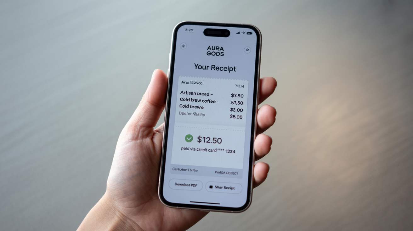A hand holding a smartphone displaying a modern digital receipt for 'Aura Goods'. The receipt shows a total of $12.50, a green checkmark, and buttons to download or share.