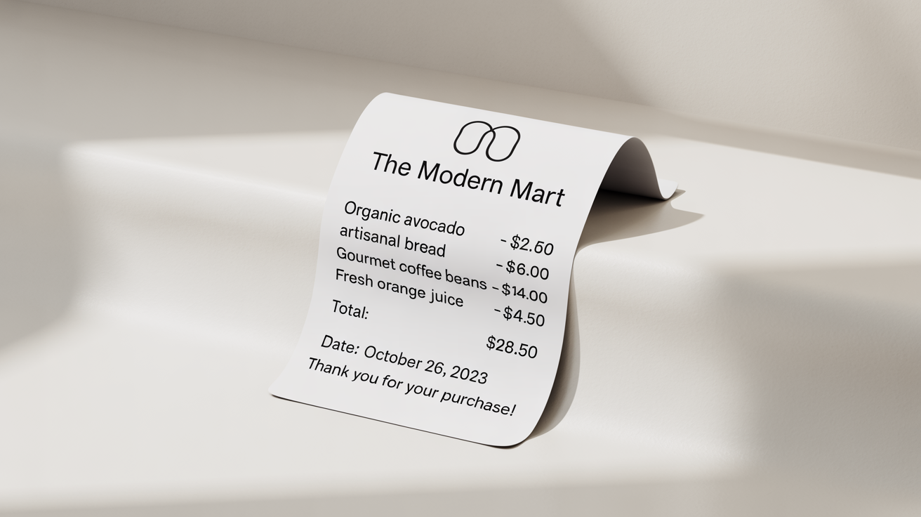 A clean and modern digital receipt from 'The Modern Mart' showing a list of grocery items and the total cost, displayed against a white background.
