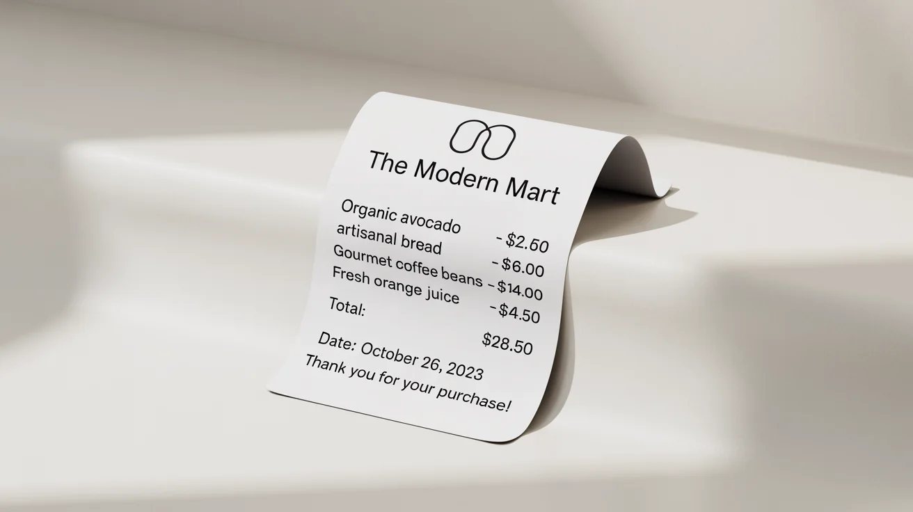 A clean and modern digital receipt from 'The Modern Mart' showing a list of grocery items and the total cost, displayed against a white background.