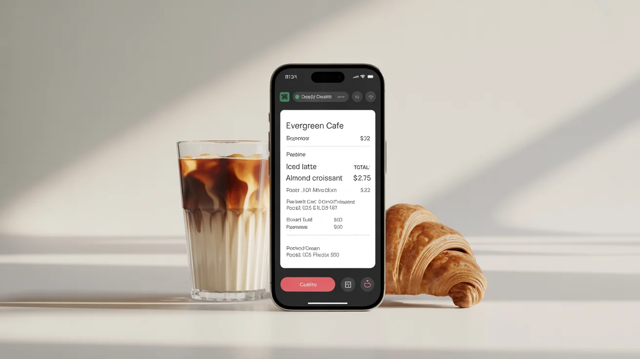 A flat lay mockup showing a smartphone with a digital receipt for an iced latte and croissant, placed next to the actual drink and pastry on a white background.