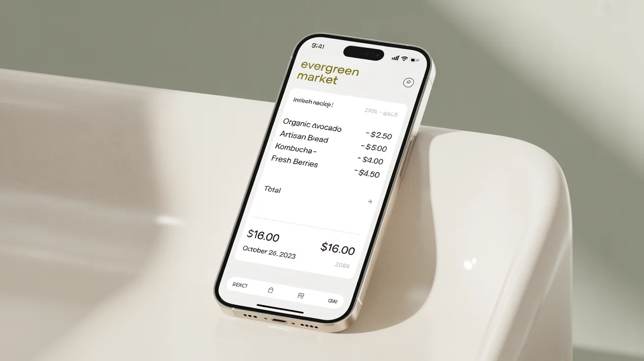 A modern smartphone on a white background displaying a digital receipt from 'Evergreen Market' with a list of items and a total cost.