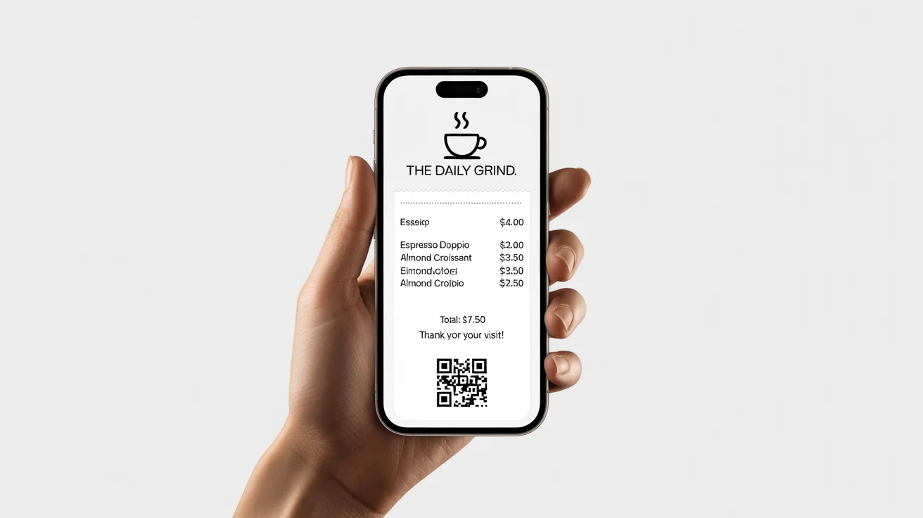 A person holding a smartphone that shows a digital receipt from a coffee shop. The image is set against a plain white background, highlighting the receipt on the screen.