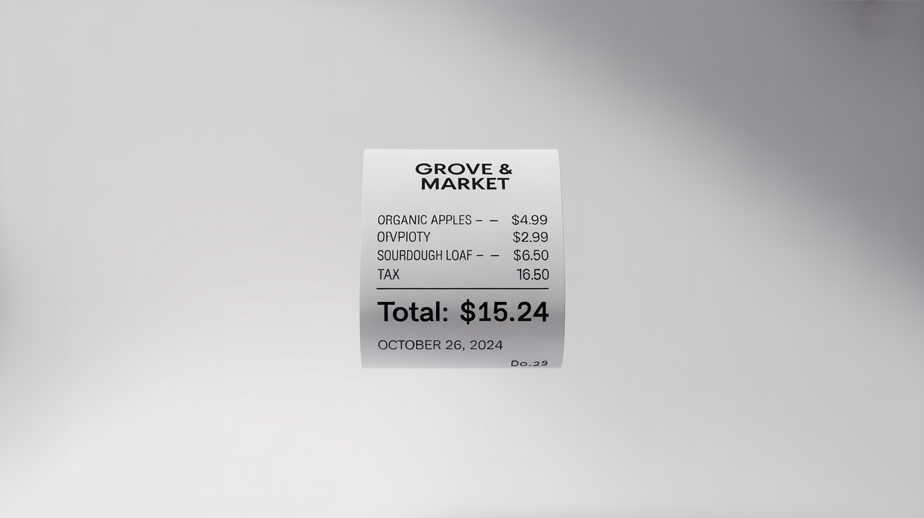 A mockup of a clean, modern digital receipt from a grocery store called 'Grove & Market', showing a total of $15.24 on a white background.