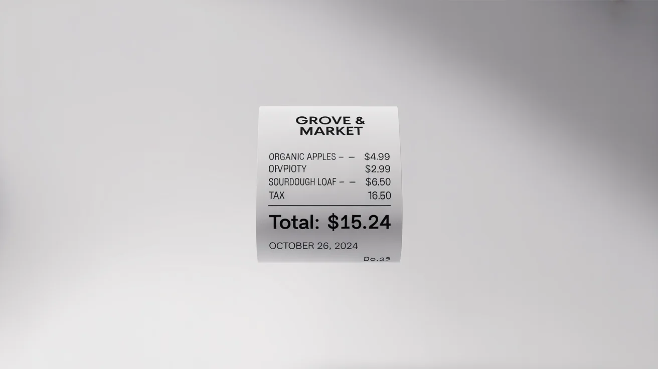 A mockup of a clean, modern digital receipt from a grocery store called 'Grove & Market', showing a total of $15.24 on a white background.