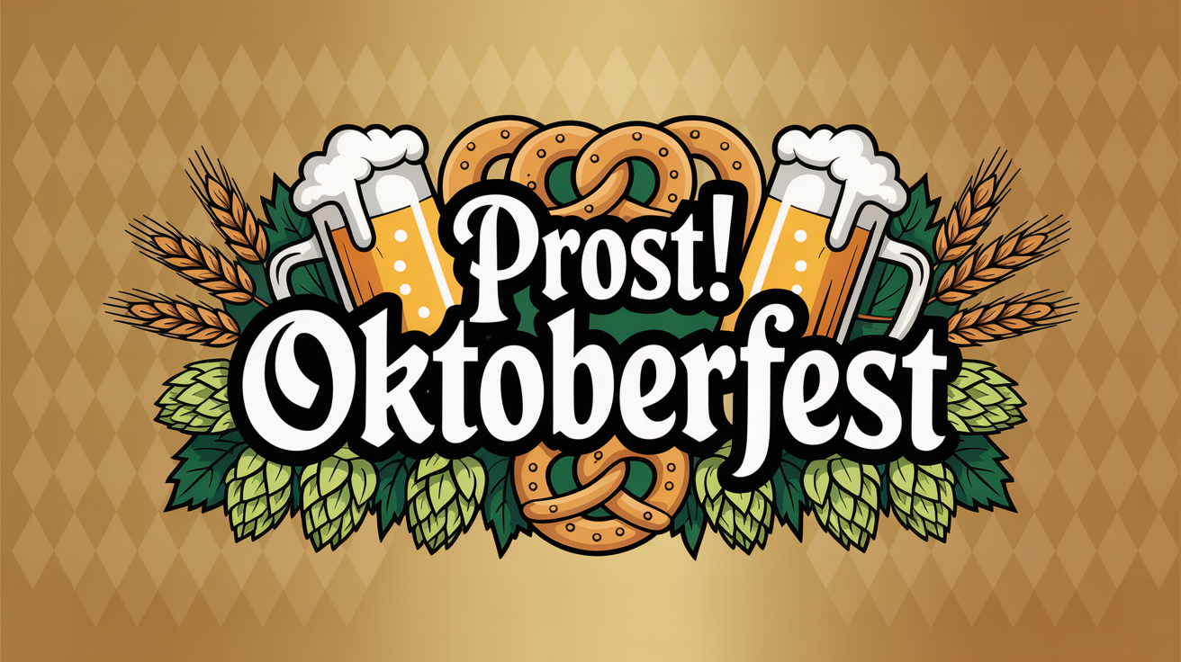 A festive Oktoberfest graphic design banner with the text 'Prost! Oktoberfest' in a traditional German font. The design is surrounded by illustrations of beer, pretzels, and hops on a blue and white patterned background.