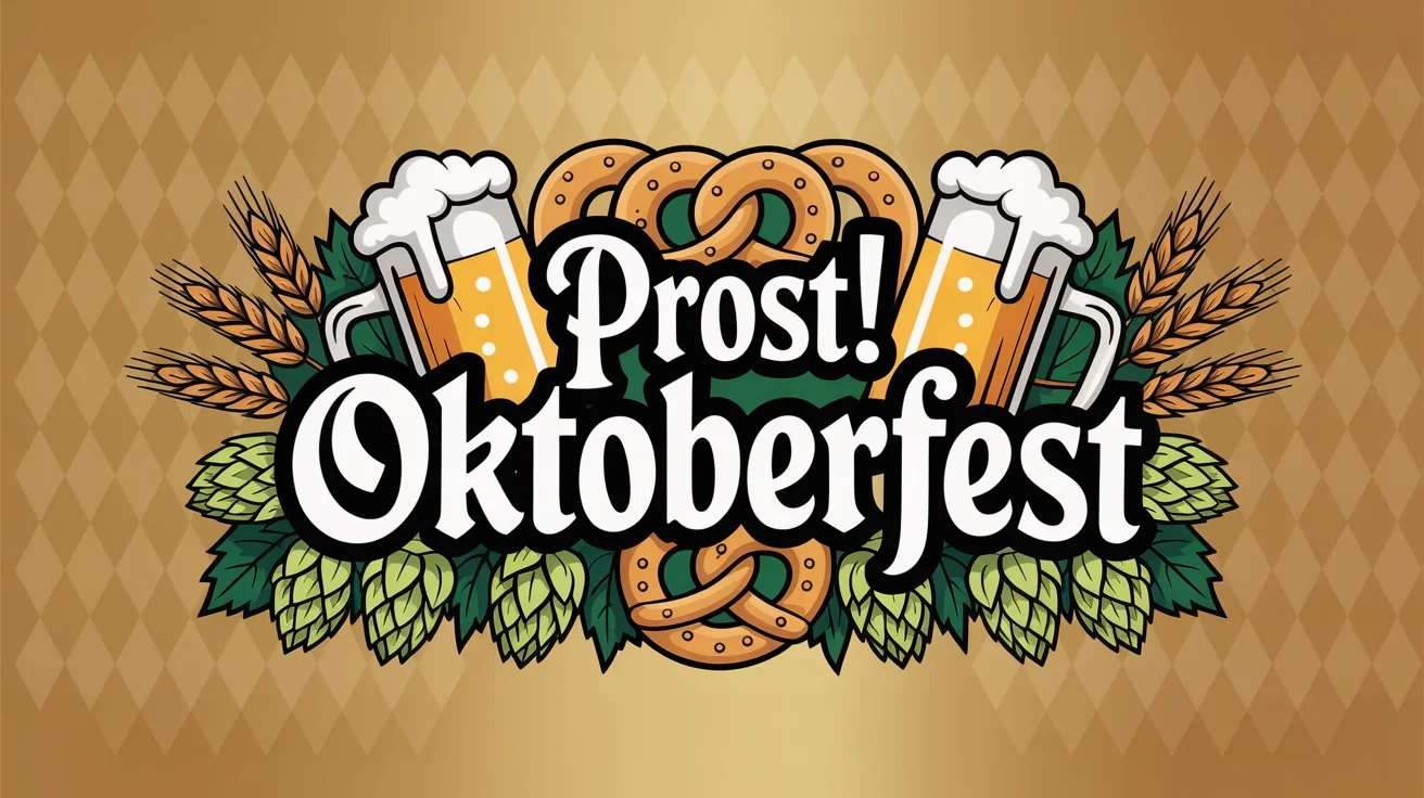 A festive Oktoberfest graphic design banner with the text 'Prost! Oktoberfest' in a traditional German font. The design is surrounded by illustrations of beer, pretzels, and hops on a blue and white patterned background.