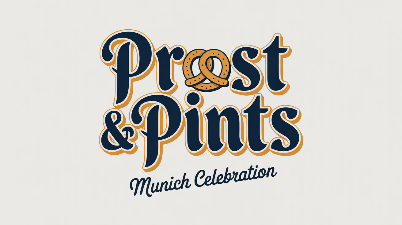 An Oktoberfest typography design featuring the text 'Prost & Pints' in a decorative blue, white, and gold German-style font on a plain white background. The ampersand is shaped like a pretzel.