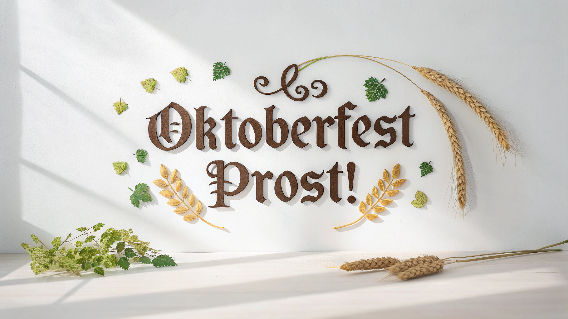 A typography design for Oktoberfest featuring the words 'Oktoberfest Prost!' in a traditional German blackletter font, decorated with hops and wheat on a clean white background.