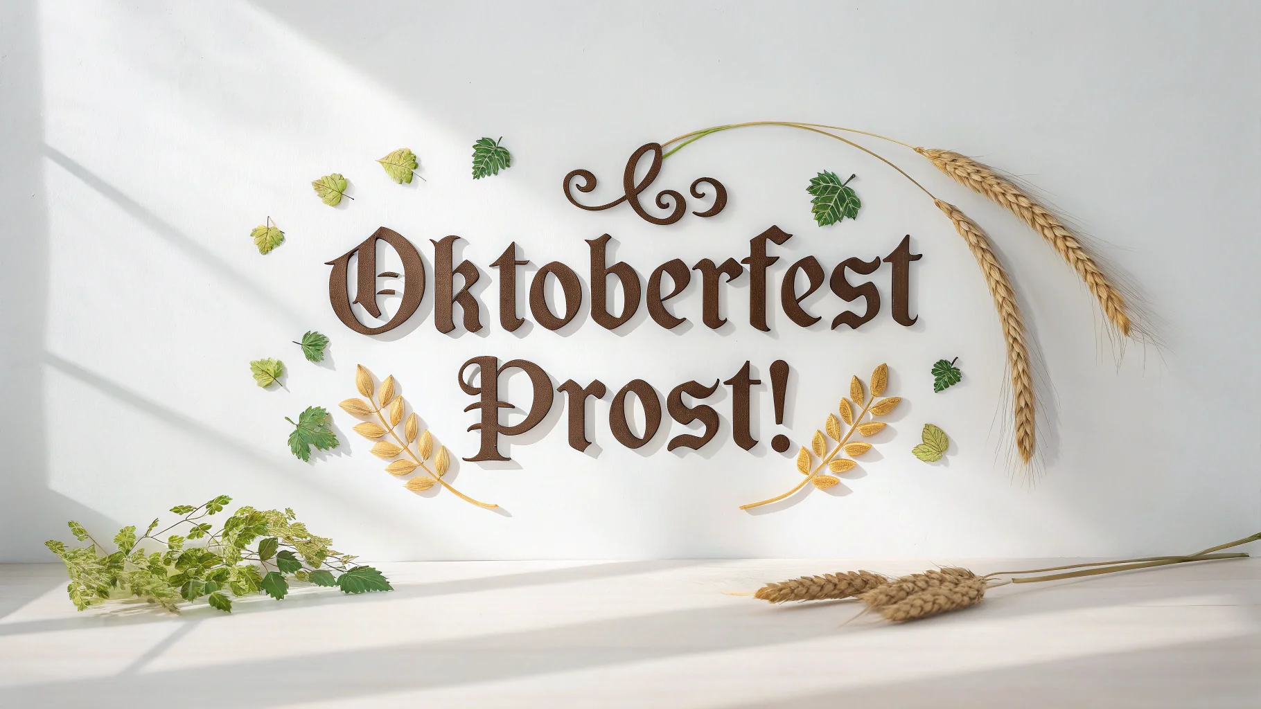 A typography design for Oktoberfest featuring the words 'Oktoberfest Prost!' in a traditional German blackletter font, decorated with hops and wheat on a clean white background.