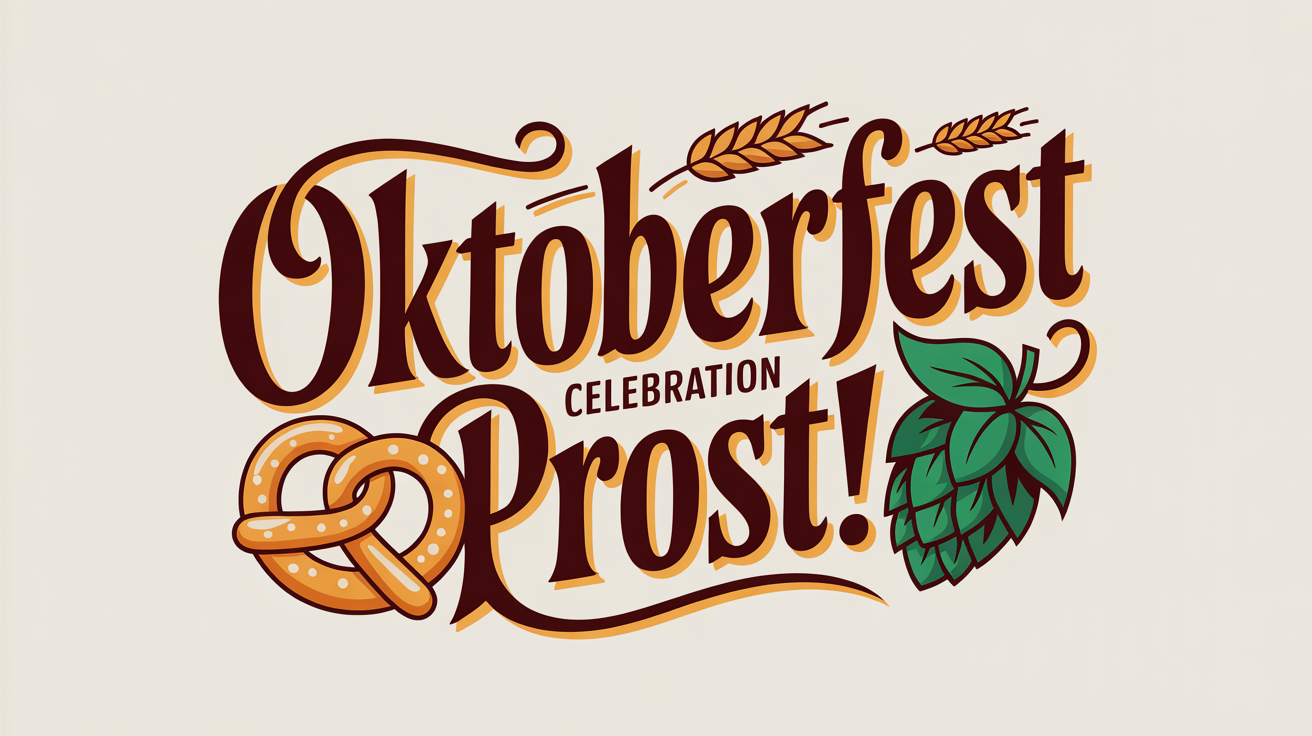 A festive graphic design for Oktoberfest featuring the words 'Oktoberfest Celebration' and 'Prost!' in a traditional Bavarian font. The text is accompanied by illustrations of a pretzel, hops, and wheat, all on a clean white background.