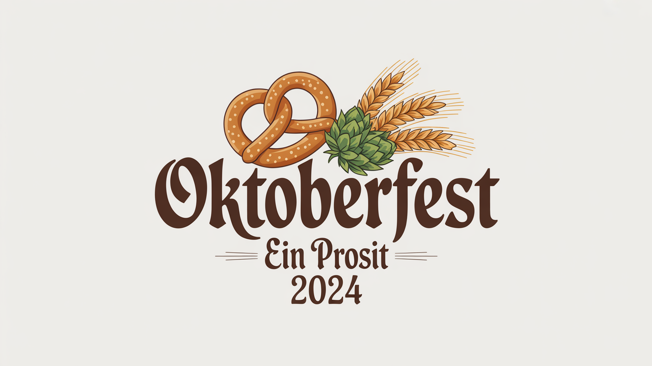 An Oktoberfest typography design mockup featuring the word 'Oktoberfest' in a traditional German blackletter font, with a pretzel, hops, and wheat on a clean white background.