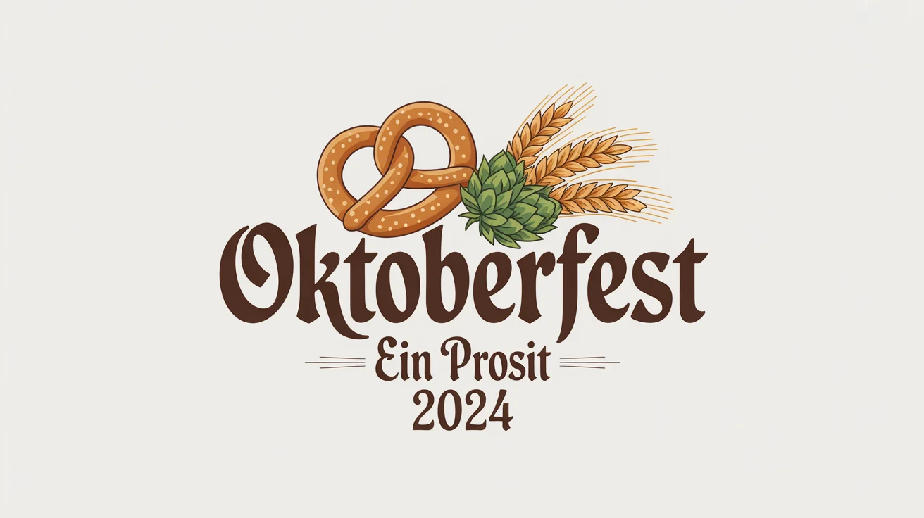 An Oktoberfest typography design mockup featuring the word 'Oktoberfest' in a traditional German blackletter font, with a pretzel, hops, and wheat on a clean white background.