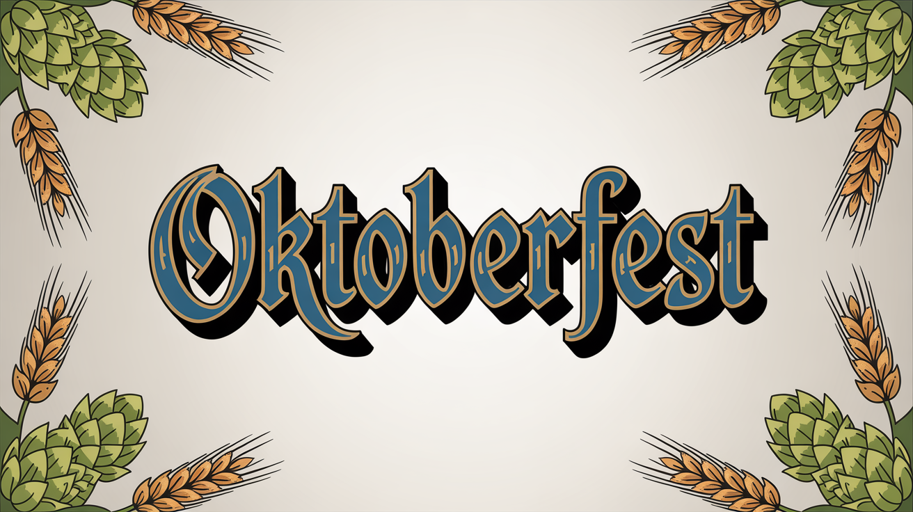 A typography mockup for Oktoberfest with the word 'Oktoberfest' in a decorative blue and gold blackletter font and 'München 2024' below it. The text is framed by illustrations of wheat and hops on a clean white background.