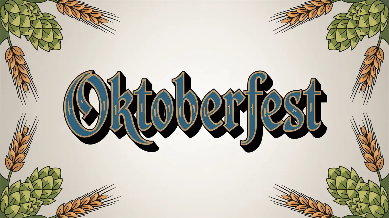 A typography mockup for Oktoberfest with the word 'Oktoberfest' in a decorative blue and gold blackletter font and 'München 2024' below it. The text is framed by illustrations of wheat and hops on a clean white background.