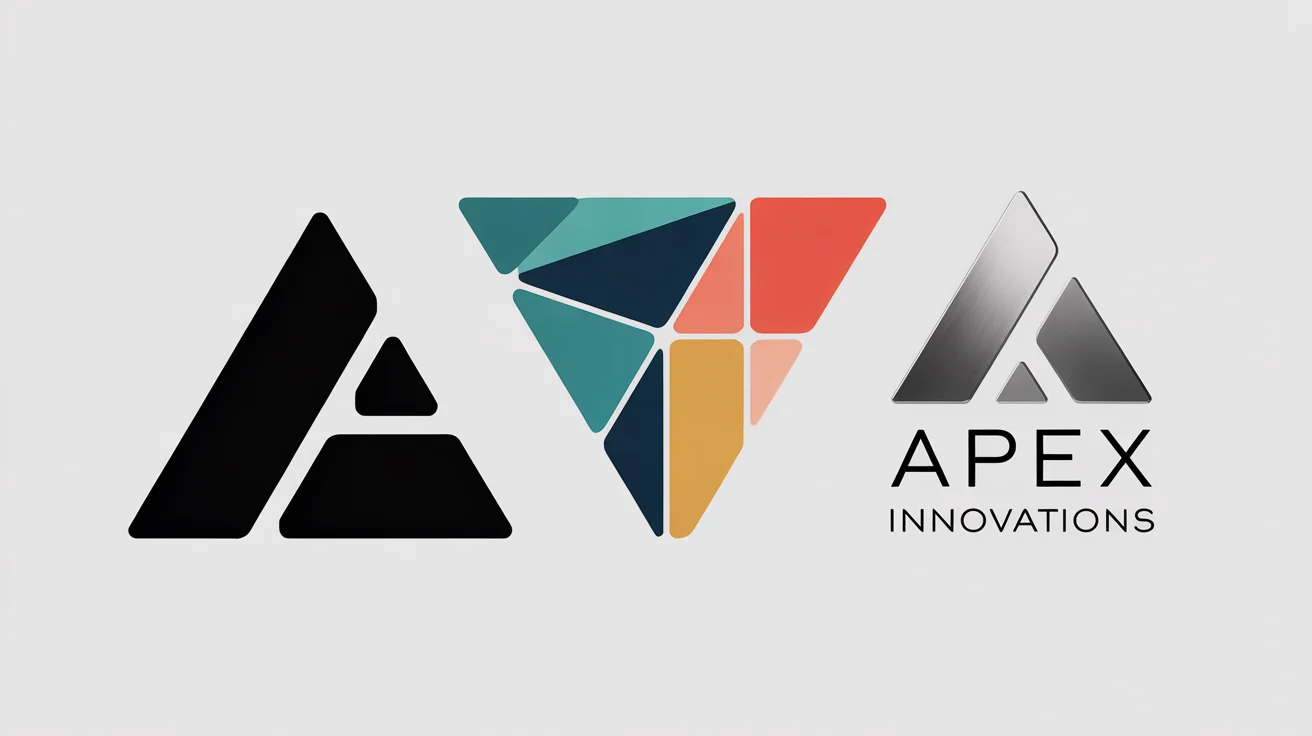 A showcase of three different modern triangle logos on a white background, including a black triangle, a colorful one, and a metallic one for a company named Apex Innovations.