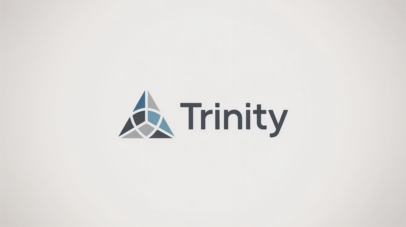 A minimalist logo design featuring a geometric triangle icon in blue and gray next to the brand name 'TRINITY' in a bold, dark gray font, all on a white background.