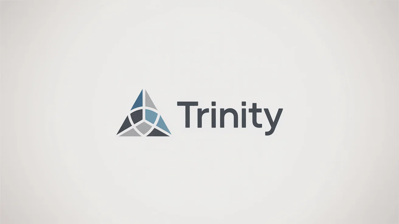 A minimalist logo design featuring a geometric triangle icon in blue and gray next to the brand name 'TRINITY' in a bold, dark gray font, all on a white background.