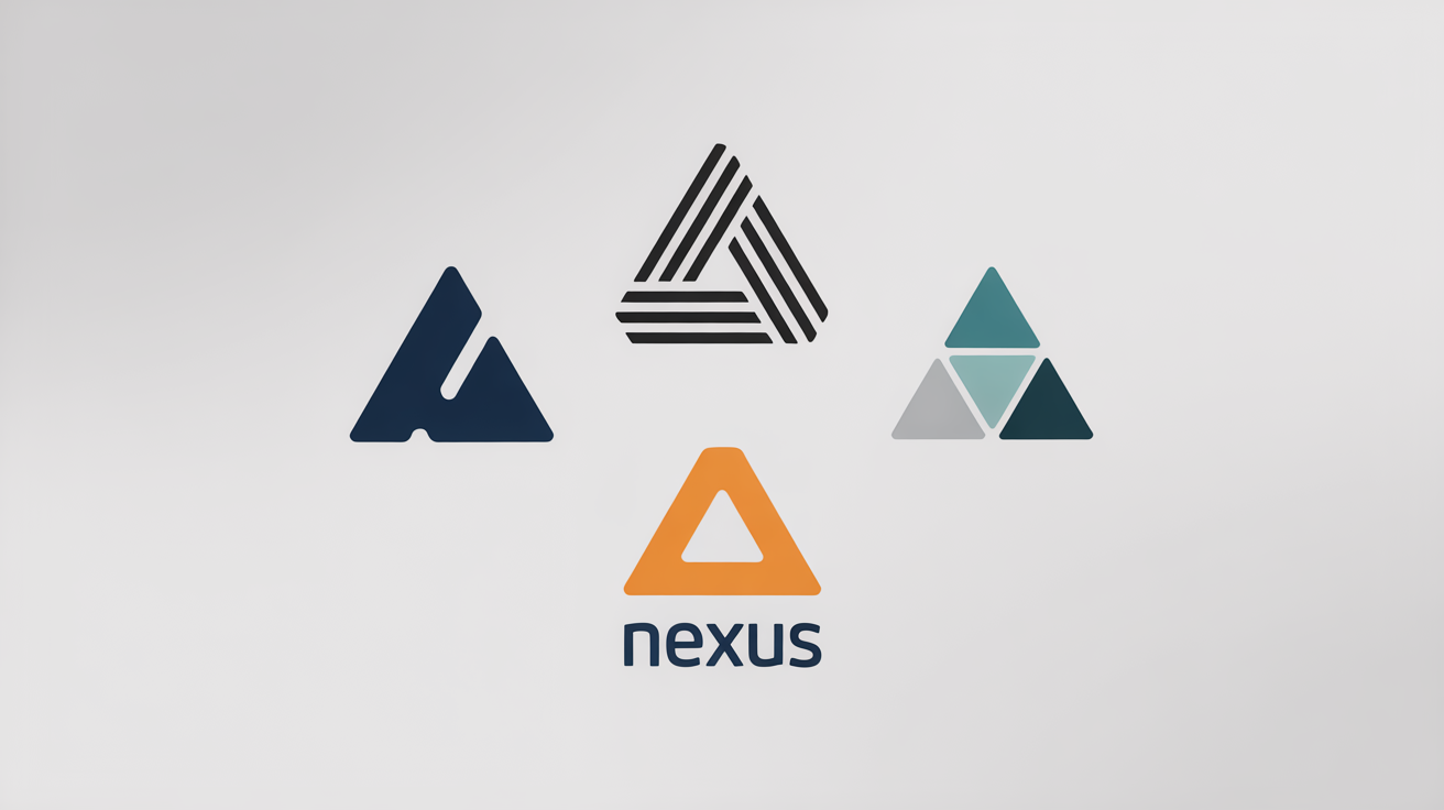 A professional mockup displaying four different minimalist triangle logos in a grid on a white background, showcasing various design styles and colors like navy, black, teal, and orange.