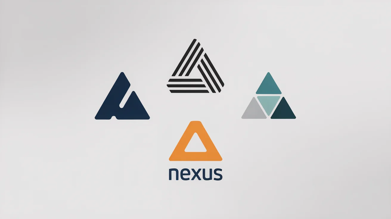 A professional mockup displaying four different minimalist triangle logos in a grid on a white background, showcasing various design styles and colors like navy, black, teal, and orange.