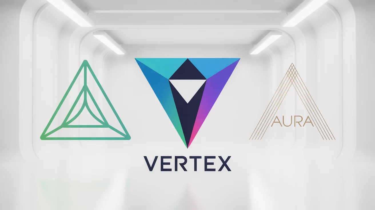 A mockup showcasing three modern triangle logos on a white background. The logos are for fictional brands, demonstrating different styles from tech to eco to luxury.