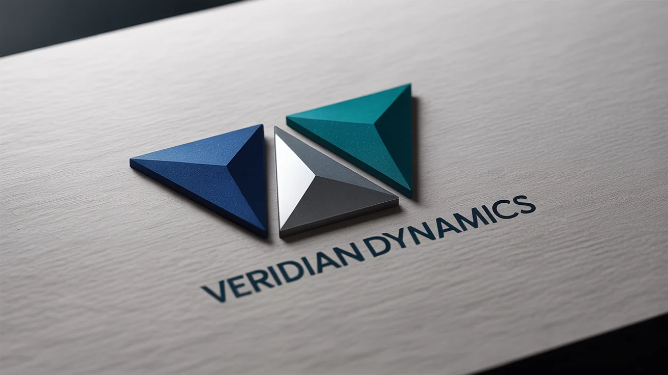 A modern, minimalist triangle logo for 'Veridian Dynamics' presented as a 3D embossed mockup on textured white paper.