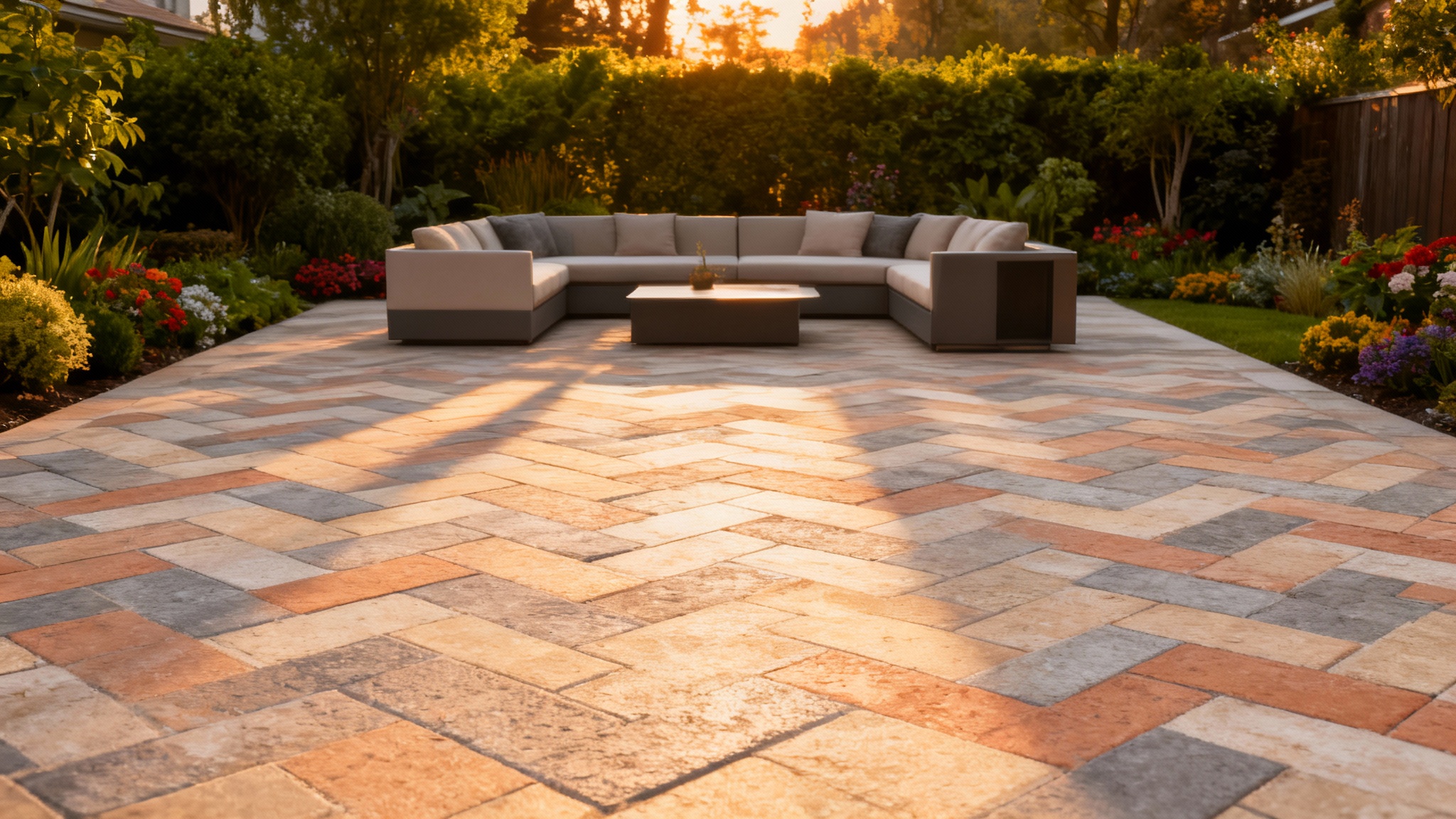 A beautifully landscaped backyard patio at sunset, featuring an intricate herringbone paver pattern in gray and terracotta tones, surrounded by a lush garden and modern outdoor furniture.